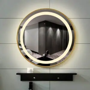 HE18-24L Round Smart Hotel Bathroom Black Gold Touch Screen LED Framed Lighted Mirror