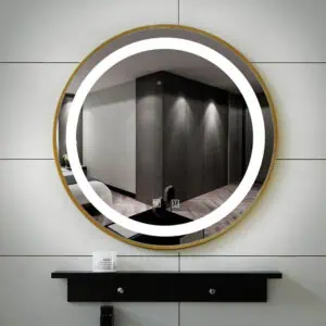 HE18-24L Round Smart Hotel Bathroom Black Gold Touch Screen LED Framed Lighted Mirror